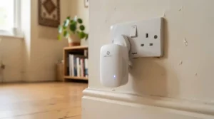 A compact wireless gateway device used by a solar battery monitoring add-on connected to a broadband router.