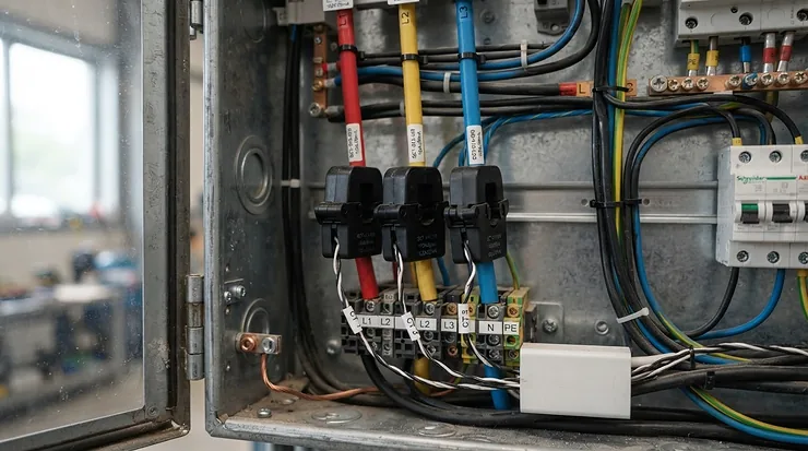 Multiple whole home energy monitor clamps installed on various cables in a household meter box