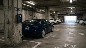 A tethered vs untethered EV charger installed in a communal parking bay