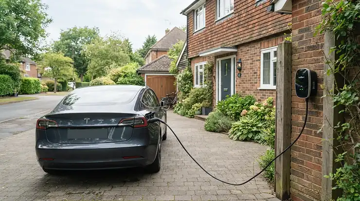 A tethered vs untethered EV charger setup installed on a modern British brick house driveway