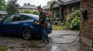Using a tethered vs untethered EV charger during typical rainy British weather conditions