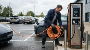 A driver using a Type 2 EV charging cable at a public charging post in a town centre car park