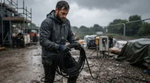 Water-resistant Type 2 EV charging cable being handled outdoors during a typical rainy day