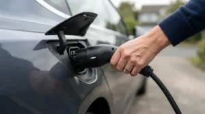 Side view of an electric car inlet receiving the plug from a Type 2 EV charging cable