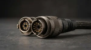 Close-up of a Type 2 connector standard plug showing the circular pin layout before connection