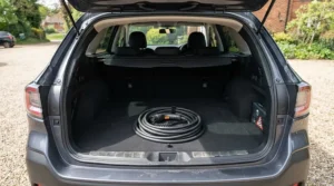 A coiled Type 2 EV charging cable neatly stored in a car boot showing its robust thickness and length