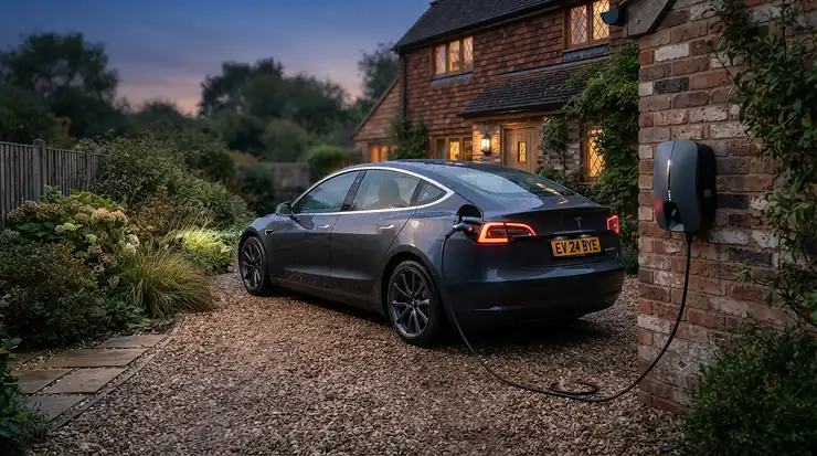 A Type 2 EV charging cable connected to a residential wallbox outside a modern British home