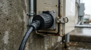 A weatherproof portable EV charger cable operating safely outdoors during a light rain shower