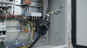 Close-up view of a whole home energy monitor clamp attached inside a domestic electrical panel
