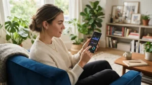 Wireless home energy monitor tracking solar panel output on a smartphone app in a British living room