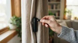 Recharging the discreet battery wand on a wireless motorised curtain track in a period townhouse