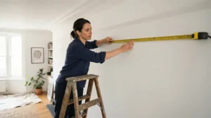 Measuring a long expanse of wall for a custom-length motorised curtain track in a Victorian property