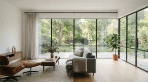 A sleek motorised curtain track installed above a large bay window in a contemporary London apartment