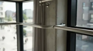 A bendable motorised curtain track for bay windows custom-fitted to a sharp angled corner bay