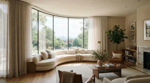 A sleek motorised curtain track for bay windows installed neatly along a curved Victorian living room window