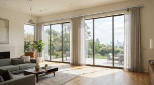 An extra long motorised curtain track for bay windows supporting heavy drapes across a wide expanse