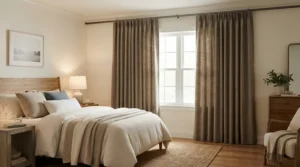 The best motorised curtain track for bay windows holding heavy velvet floor-length curtains in a master bedroom