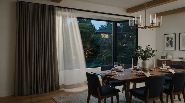Motorised curtain track for bay windows fitted with thick thermal lined curtains for energy efficiency
