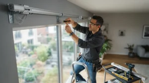 A sturdy wall bracket mounting a motorised curtain track for bay windows above a traditional sash frame