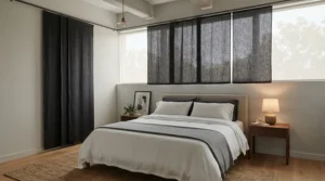 Hanging blackout drapes smoothly along a quiet motorised curtain track in a master bedroom
