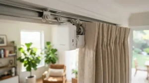 A retrofit curtain motor fitted to a living room bay window in a London home