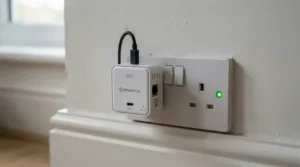 A retrofit curtain motor connected to a smart hub on a wooden sideboard