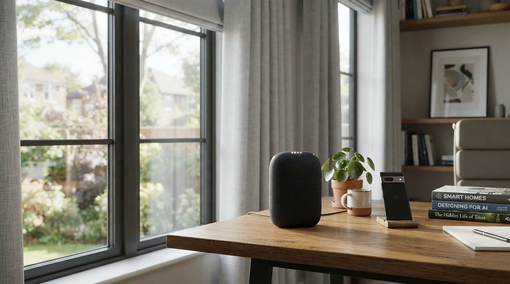 Voice assistant integration with a retrofit curtain motor in a cosy study