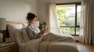 Controlling a smart curtain opener for renters no drilling via smartphone in a cosy bedroom
