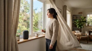 Using voice control to operate a smart curtain opener for renters no drilling in a modern apartment