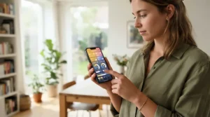 Close-up of a smartphone app adjusting a smart dimmer switch for mood lighting.