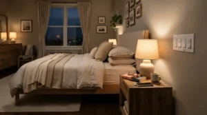 A smart dimmer switch set up for relaxing mood lighting scenes in a master bedroom.