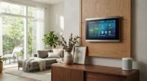 A sleek smart dimmer switch mounted on a living room wall, controlling ambient lighting.