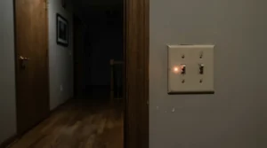 A smart dimmer switch glowing softly on a hallway wall during the late evening.