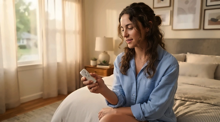 Using a sleek remote control handset to operate a motorised curtain track in a cosy bedroom