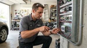 Installing a smart relay module for garage door automation in a British suburban driveway