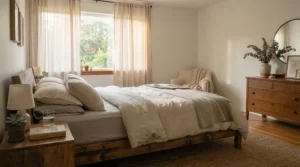 Smart roller blinds lowering automatically in a cosy British bedroom at sunrise