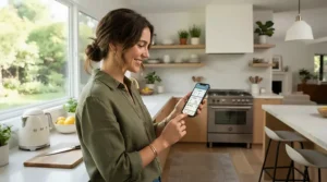 Using a smartphone app to adjust smart roller blinds in a contemporary kitchen