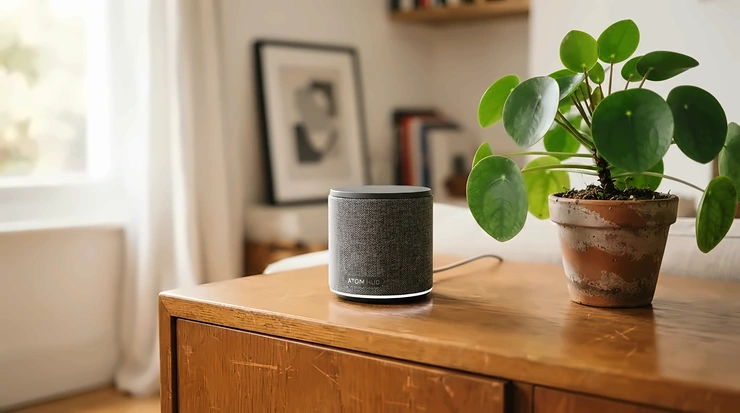 Smart roller blinds linked to a central smart home hub on a wooden hallway table