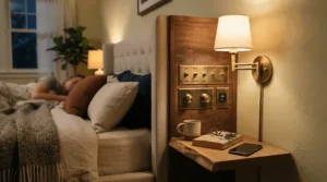 A minimalist smart switch for multi-gang panels mounted beside a double bed in a master bedroom
