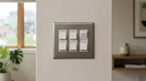 A sleek smart switch for multi-gang setup controlling modern living room lights in a London flat