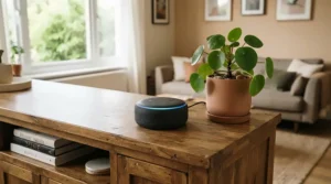 SwitchBot curtain vs Aqara curtain driver integration shown with a voice assistant device on a shelf