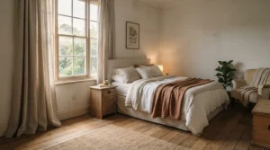 A cosy bedroom featuring a Zigbee vs Wi-Fi motorised curtain track closing heavy blackout drapes on a winter morning.