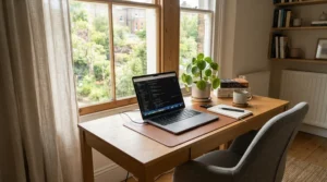 A quiet home office workspace illuminated by daylight filtered through a Zigbee vs Wi-Fi motorised curtain track.