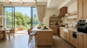 An open-plan kitchen diner with patio doors fitted with a Zigbee vs Wi-Fi motorised curtain track.