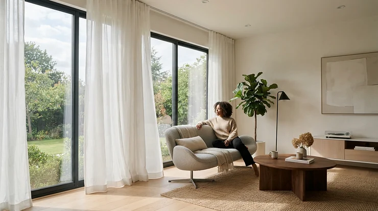 A modern living room showing a Zigbee vs Wi-Fi motorised curtain track installed above a large bay window overlooking a London street.