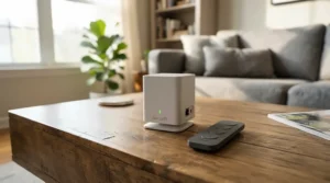 Close-up of a smart home hub next to a Zigbee vs Wi-Fi motorised curtain track remote control on a coffee table.
