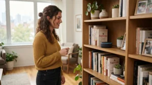 A homeowner using voice commands near a Zigbee vs Wi-Fi motorised curtain track in a contemporary apartment.